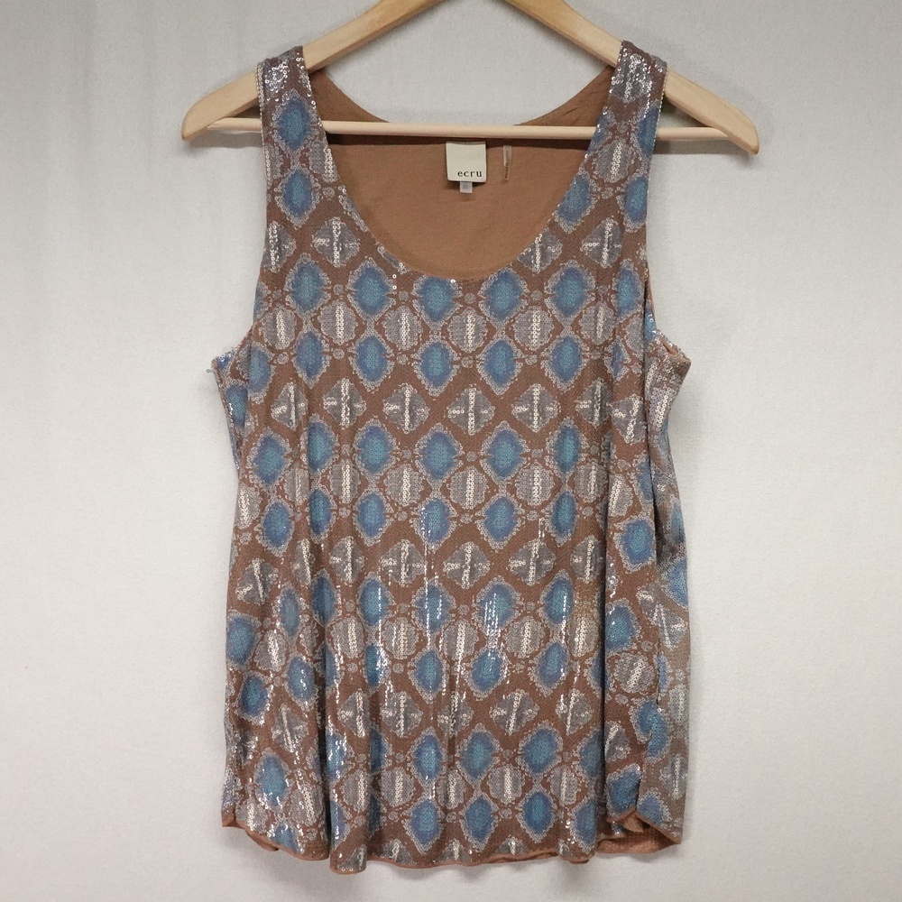 Dressy Sleeveless Top Womens Medium Brown Blue Sequin Geometric Scoop Neck Party